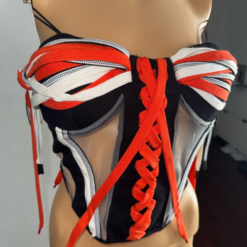 AKIRA Black Red White Lace-Up Bustier Corset Top size S